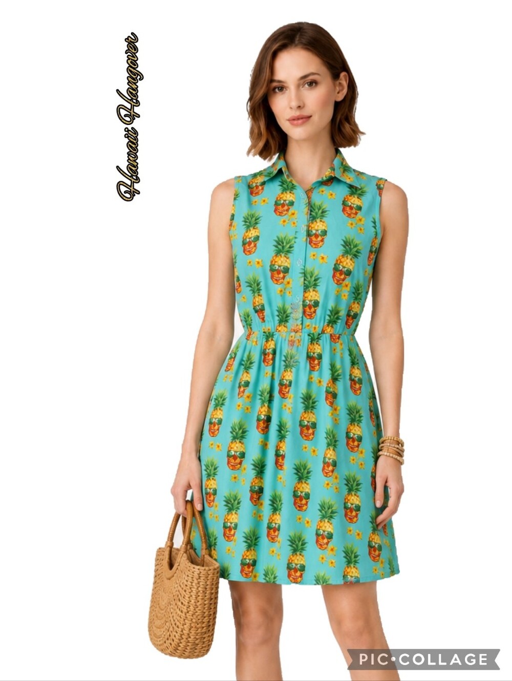 Hawaii Hangover sleeveless aqua pineapple print 100% cotton elastic waist dress